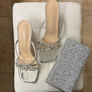 Silver Heeled Sandals and Glitter Clutch Set